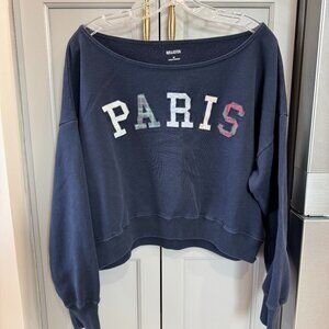 Hollister Paris Off the Shoulder Navy Patchwork Sweatshirt, Size M